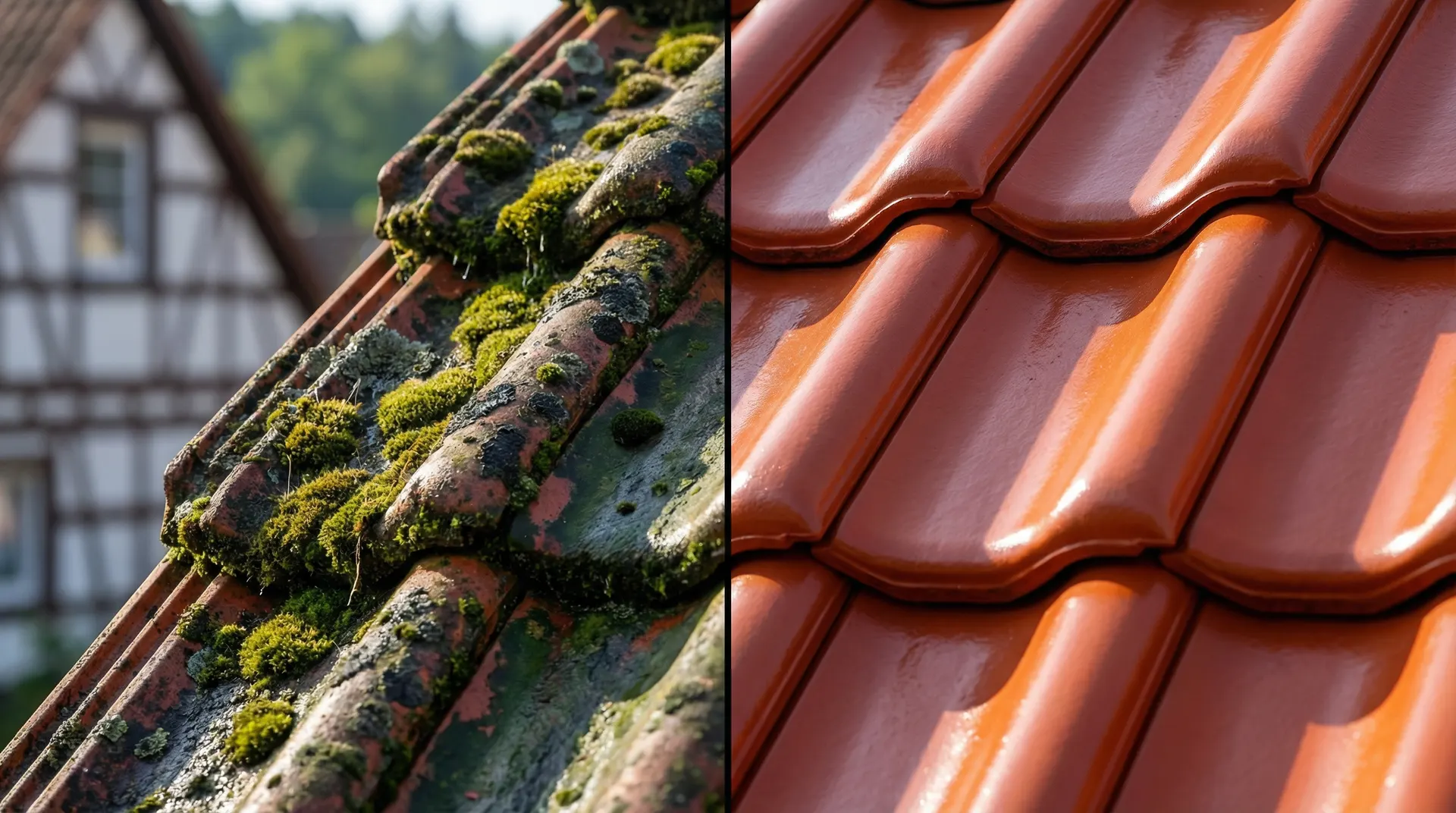 Vorher-Nachher Vergleich: Moosbewachsenes Dach vs. gereinigtes und beschichtetes Dach